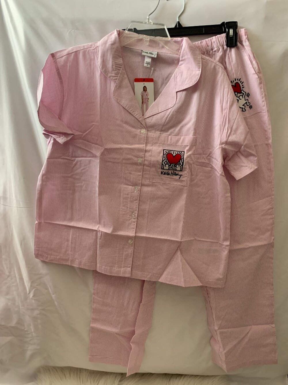 KEITH HARING Striped Notch Collar Pajama Set in Pink/White Sz MEDIUM
